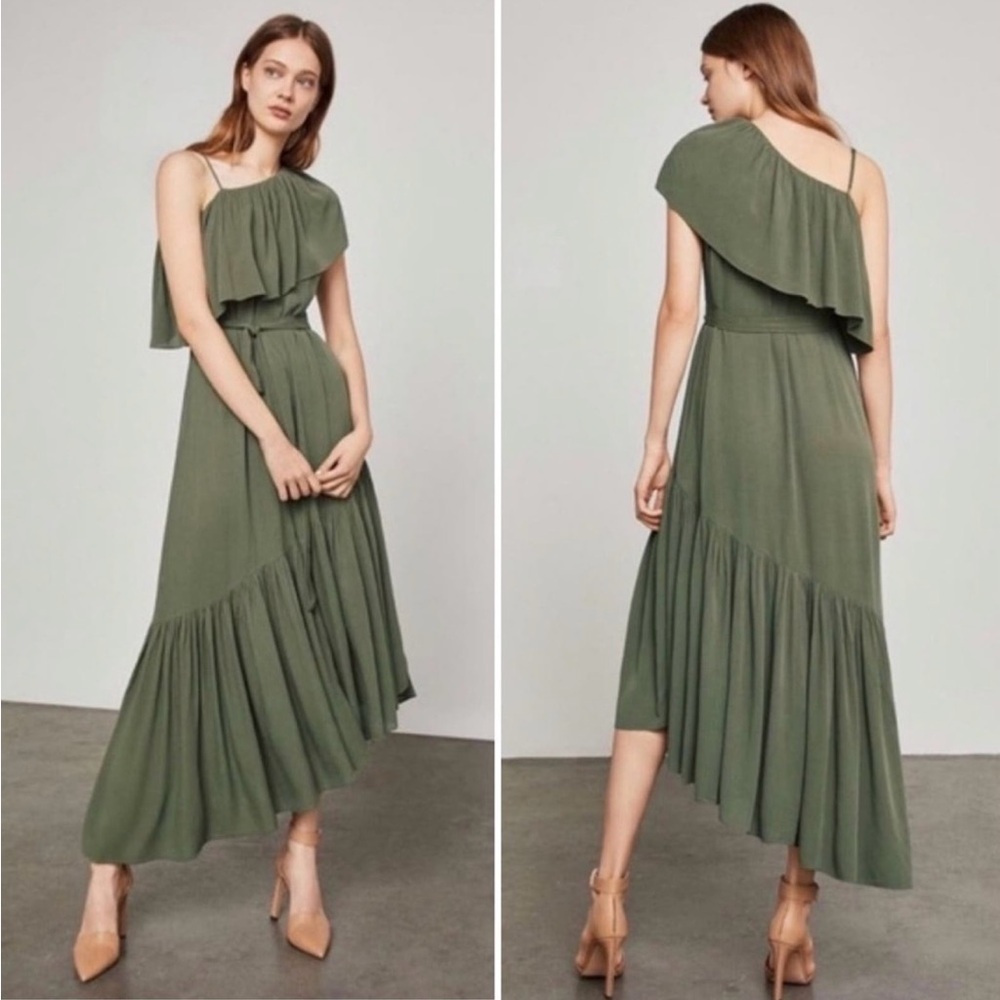 BCBGMaxAzria Conrad Asymmetrical Flounce Ruffle Midi Dress in Olive Green, Large